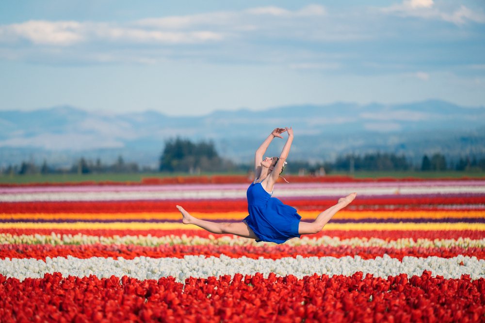 Female Ballet dancer in a blue dress leaps mid-air over a colorful tulip field outdoors, USA.