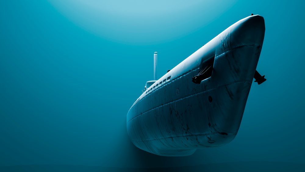 Military submarine navigating deep underwater in the ocean, illustrating naval defense technology and maritime security, threat, war.