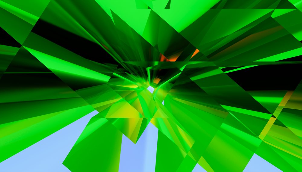Abstract digital 3D rendering of layered green geometric shapes forming a tunnel-like effect.