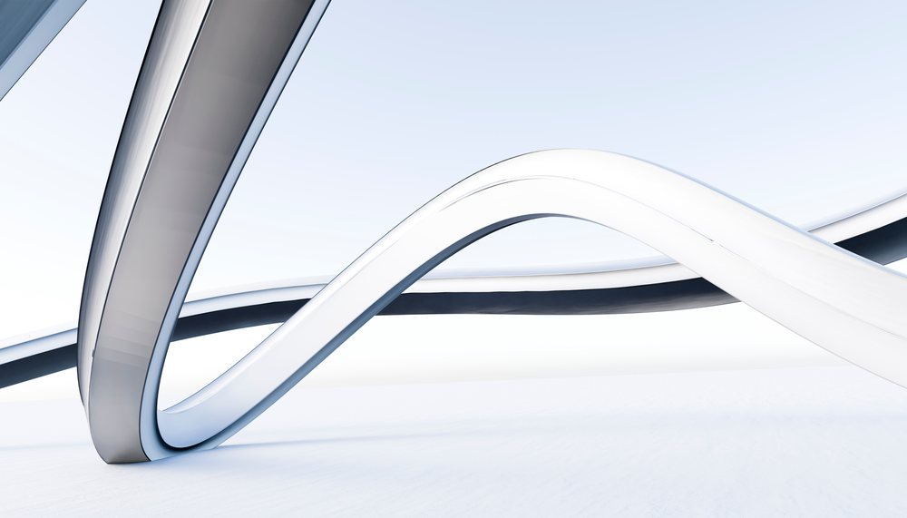 Abstract modern architecture featuring sleek curved shapes intertwined on a white background.