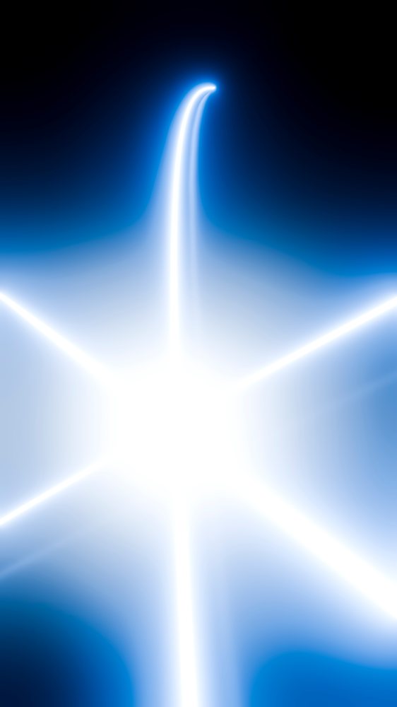 Bright radial burst of white light with blue gradient and glowing beams on a dark background.