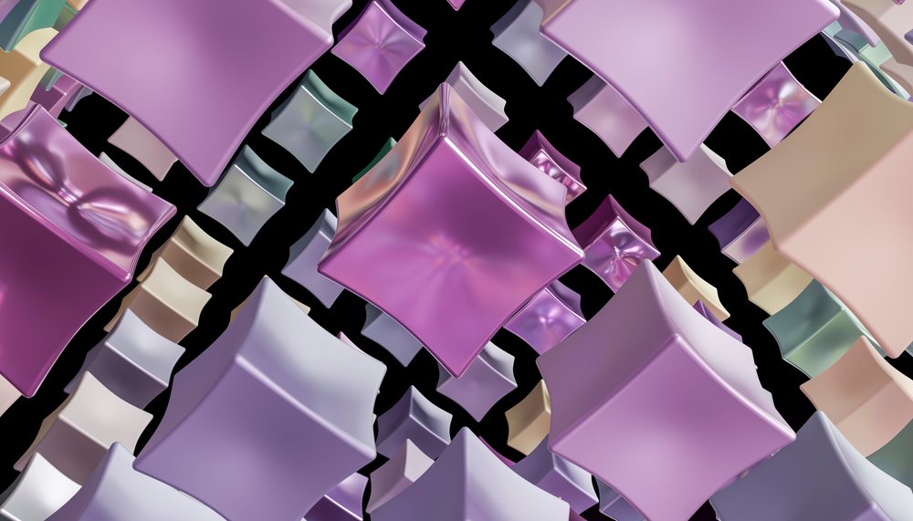 A 3d abstract arrangement of shiny floating cubes in pastel colors