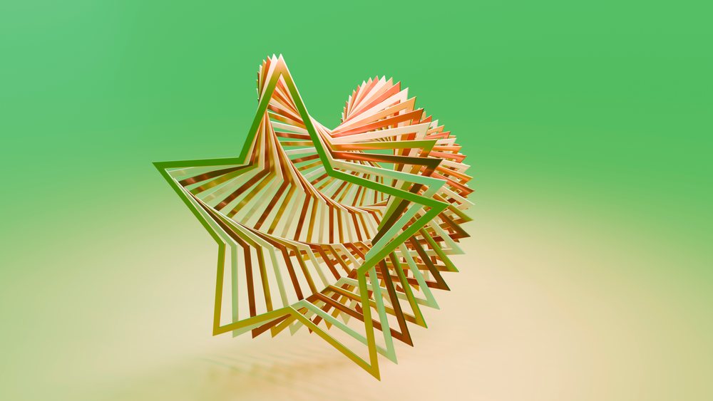 3D spiral star geometric sculpture with green and orange tones on a gradient background.