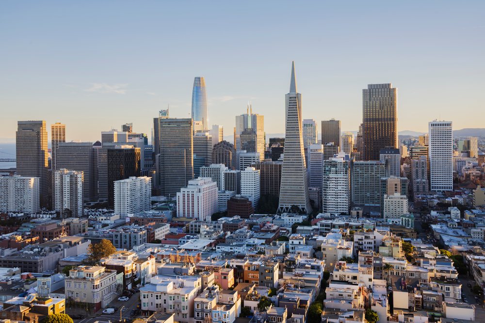Downtown San Francisco skyline with Transamerica Pyramid and Salesforce Tower seen from Coit Tower at sunset, City, Cityscapes, City Life, California, USA.