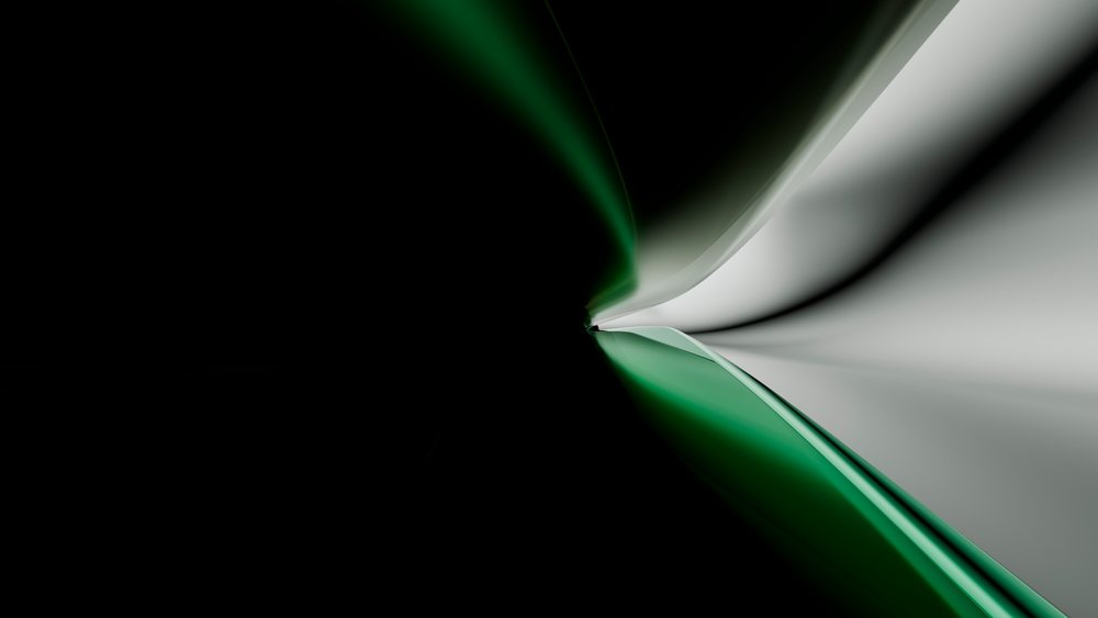 Abstract green and gray smooth curved lines creating a flowing wave effect on a black background.