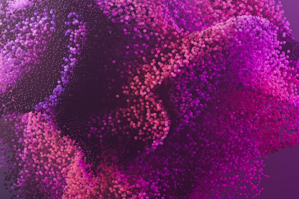 Abstract digital background featuring purple hexagonal particles forming a flowing wave pattern in a 3D render.
