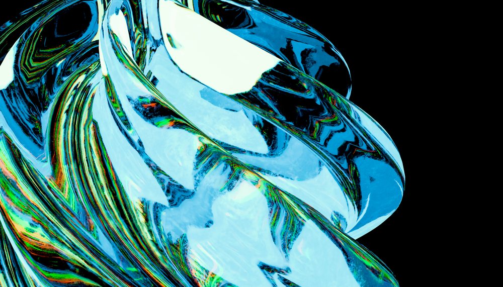 Colorful abstract digital render with flowing glossy blue shapes and vibrant reflections on a smooth surface.