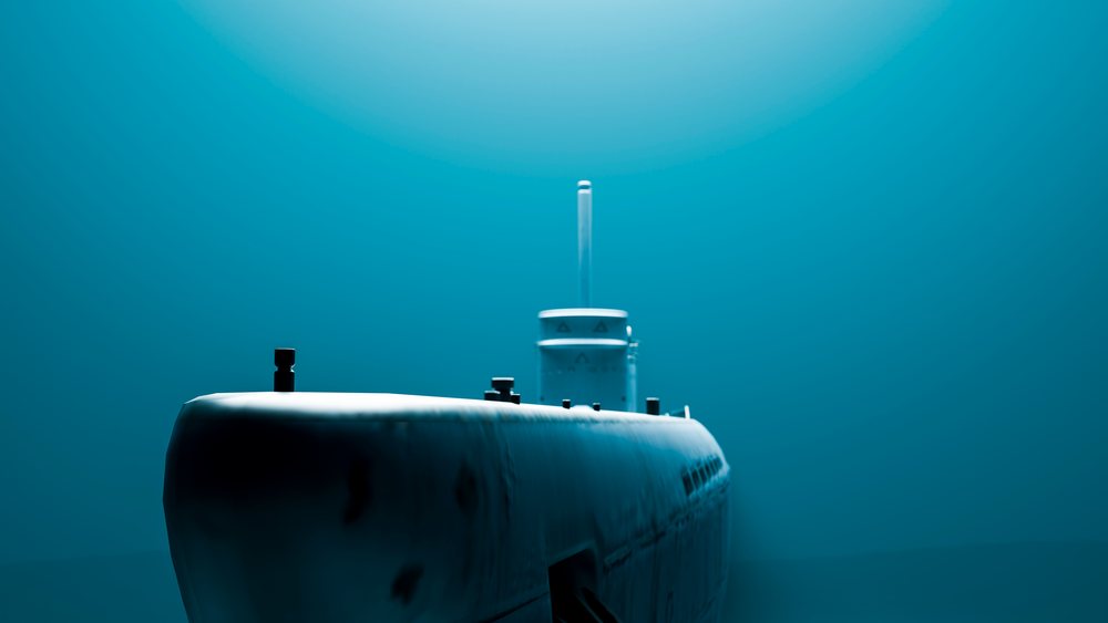 Submarine navigating underwater in a deep blue ocean environment with visible hull and conning tower.