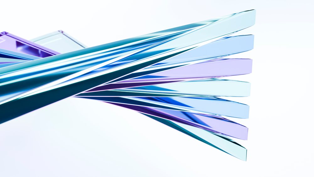 Abstract twisted translucent blue and purple glass shapes overlap and intersect, reflecting light in a modern art illustration.
