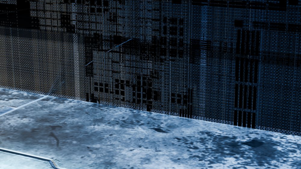 Blue lighting highlights a dark metallic industrial wall with geometric patterns and textured metal surface.