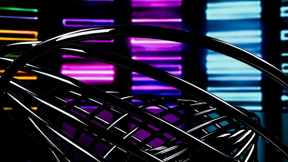 Black glossy double helix DNA model against colorful neon lights in a science laboratory setting.