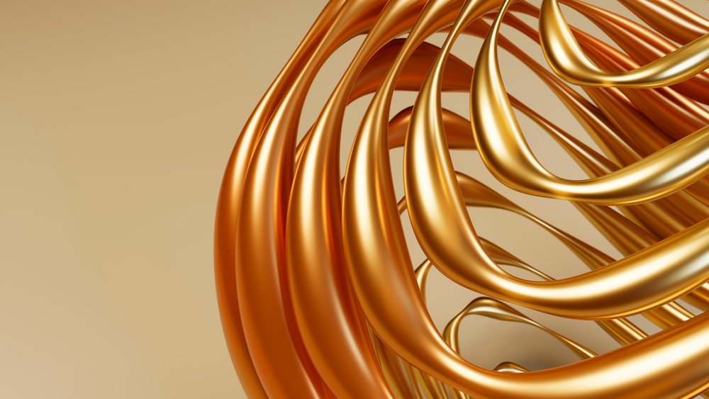 Abstract metallic gold spiral with smooth curved loops on a beige background.