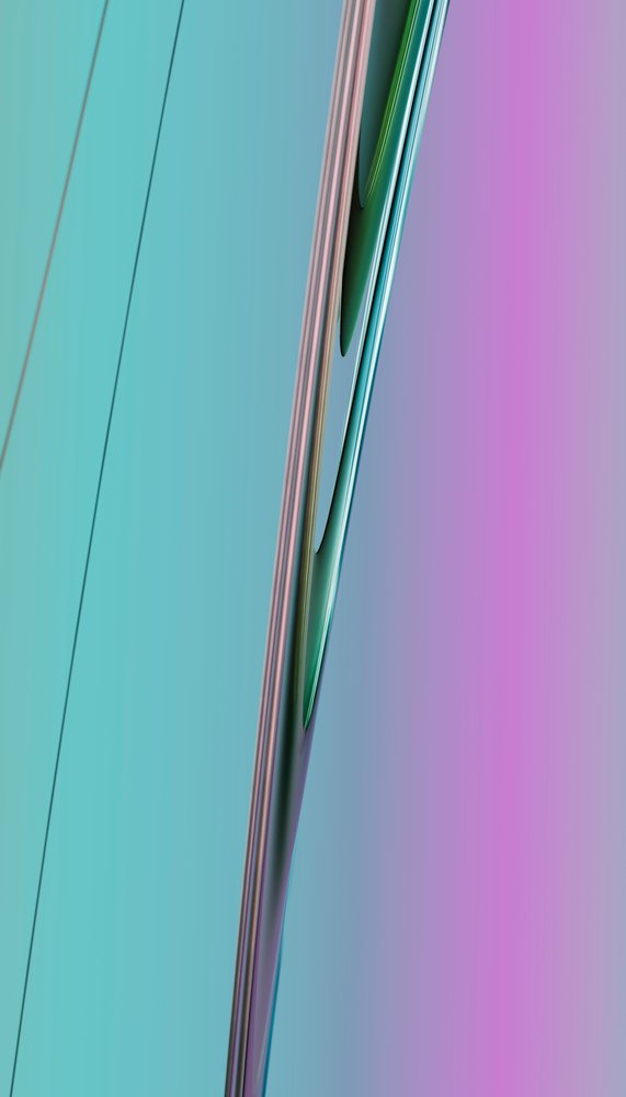 Abstract close-up of a metallic reflective surface with blue and pink gradient colors and smooth curved lines.