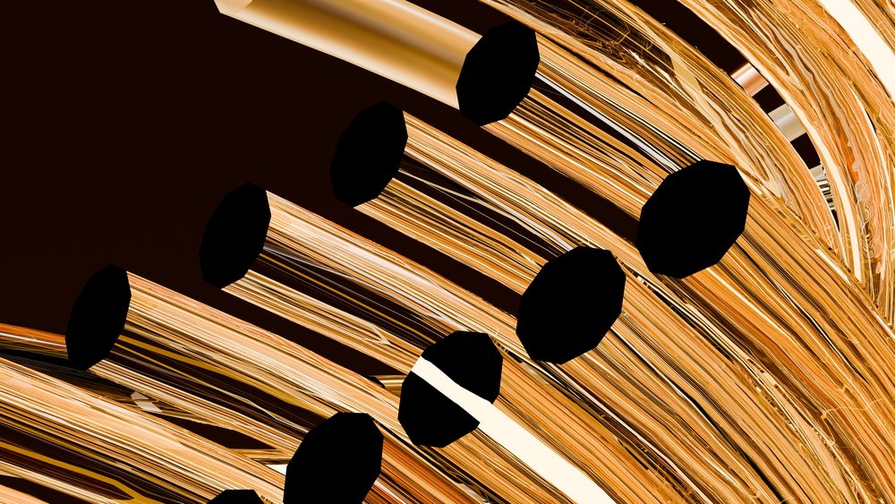 Multiple shiny golden metallic tubes curve abstractly against a dark brown background in a modern artistic sculpture.