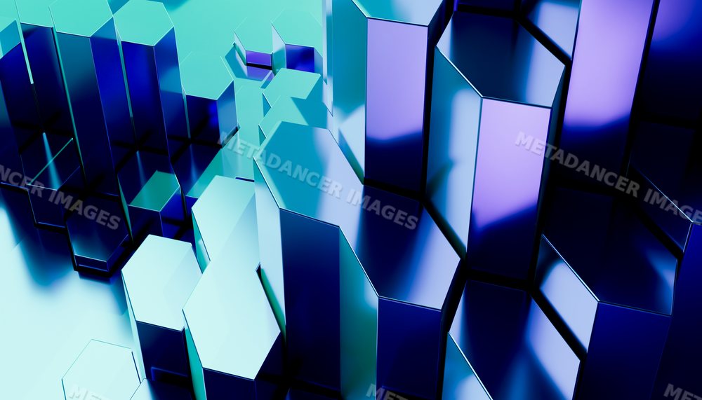 Close-up 3d rendering of blue hexagonal columns with reflective