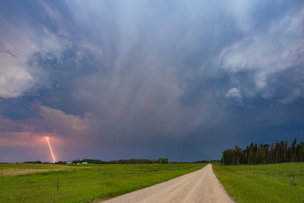 Lightning strikes over a dirt farm road through green grassy fields under stormy clouds, Storm Chasing, Weather, Environment, Ponoka County, Alberta, Canada.