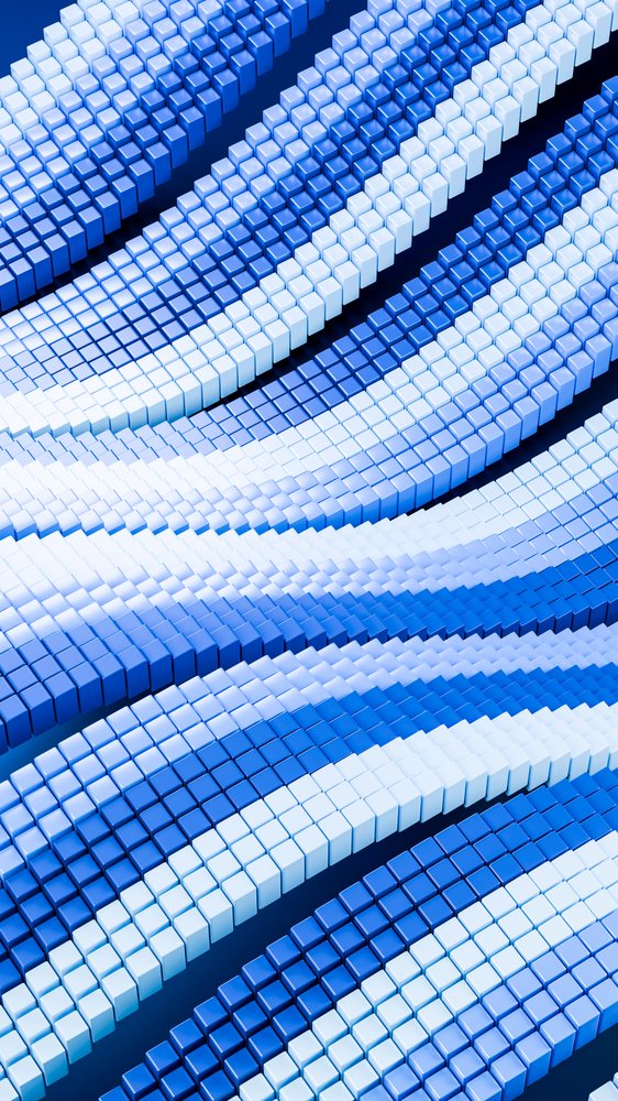 Digital 3D render illustrating a curved wave pattern of numerous blue cubes arranged in flowing geometric shapes with a smooth shiny surface.