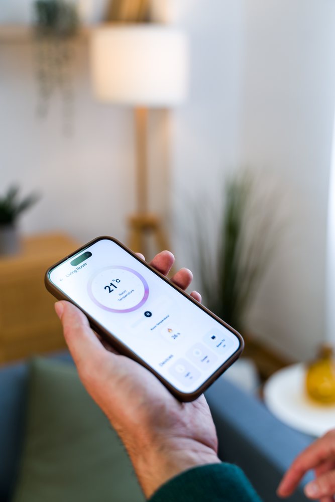 Hand holds a smartphone displaying a room temperature control app in a living room with a floor lamp, plants, and a table visible in the background, Spain.