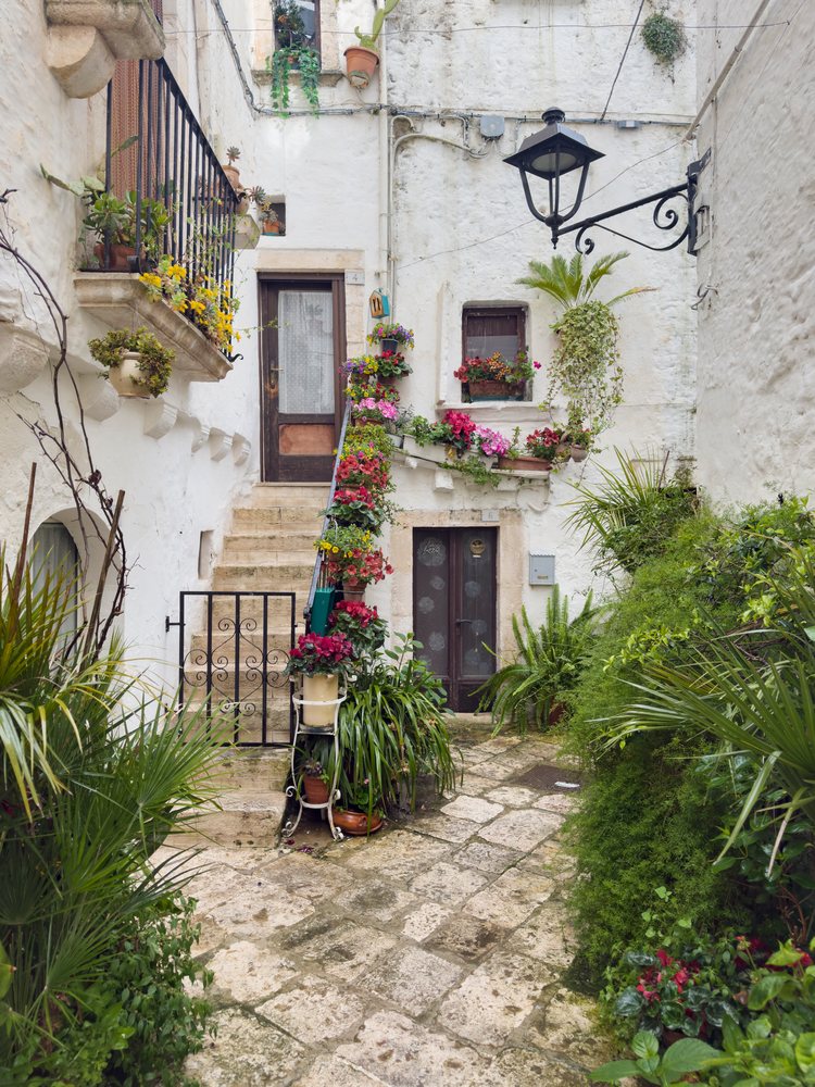 Street Scene featuring stone pavement and white walls with flower pots decorating stairs and balcony, Locorotondo, Puglia, Italy.