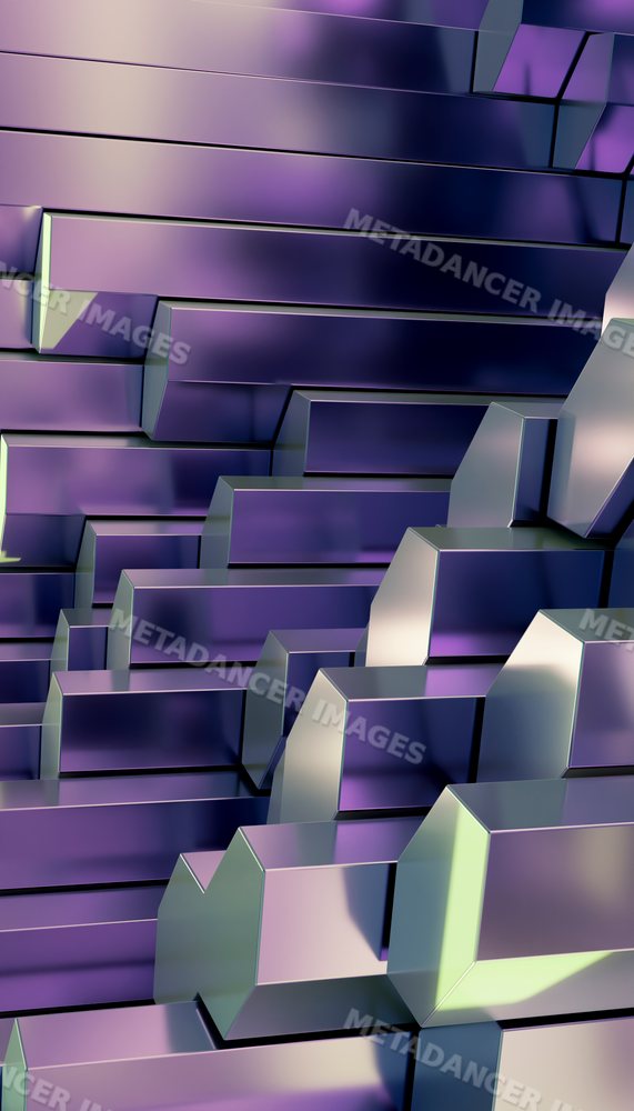 Abstract 3d geometric hexagonal shapes with reflective purple surfaces