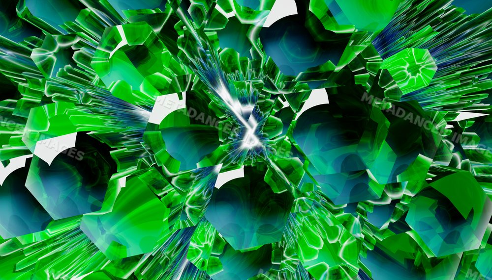 A vibrant 3d illustration of green and blue crystal-like geometric