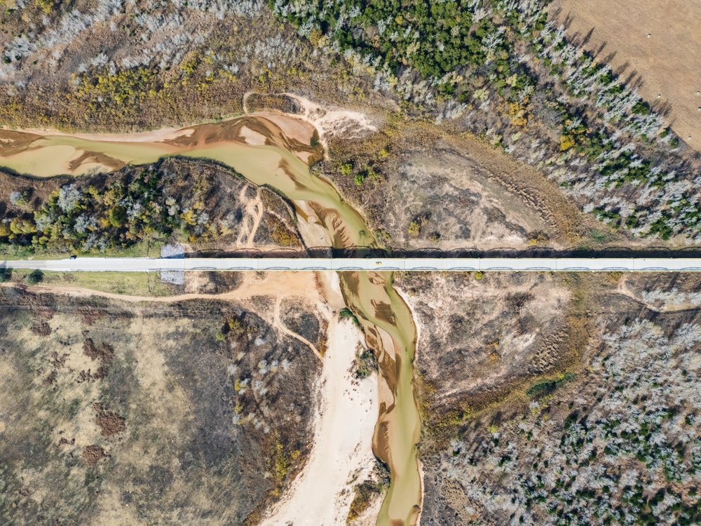 Aerial view of the William H Murray Bridge crossing the Canadian River, along historic Route 66, Bridgeport, Oklahoma, USA.