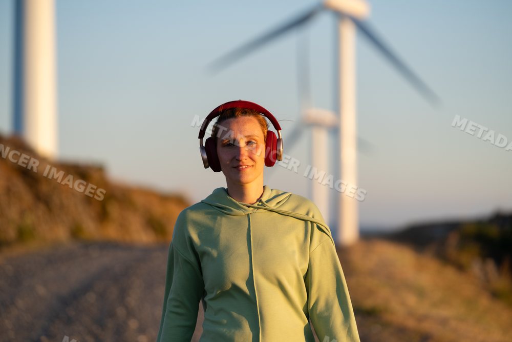 White Woman walking near wind turbines