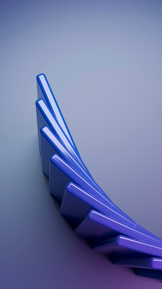 Blue domino tiles arranged in a curved falling sequence on a smooth surface against a blue gradient background in a digital illustration.