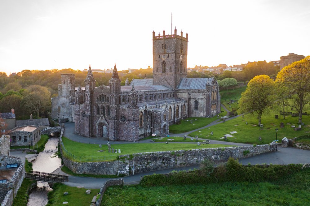 St david's Cathedral at Sunrise, Landscape, Pembrokeshire, Wales.