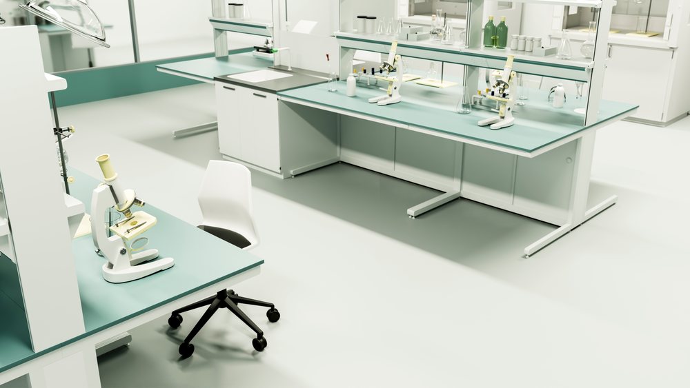 Multiple microscopes and scientific equipment arranged on lab benches inside a clean, organized laboratory workspace.