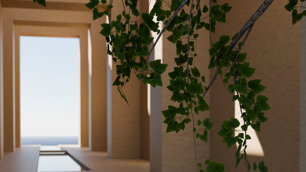 Green leaves hanging on branches indoors near a modern beige arched doorway and water feature with sunlight casting shadows.