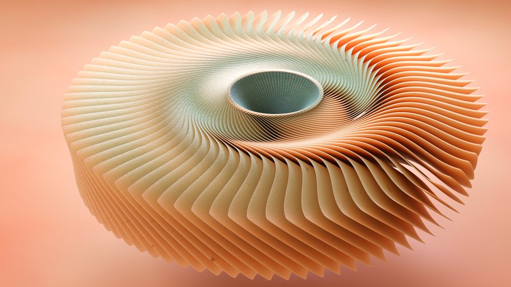 Abstract paper sculpture with spiral layered curved design in beige and orange tones on a soft orange background.