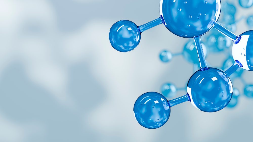 Close-up illustration of a blue three-dimensional molecular structure with interconnected spheres and transparent connectors.