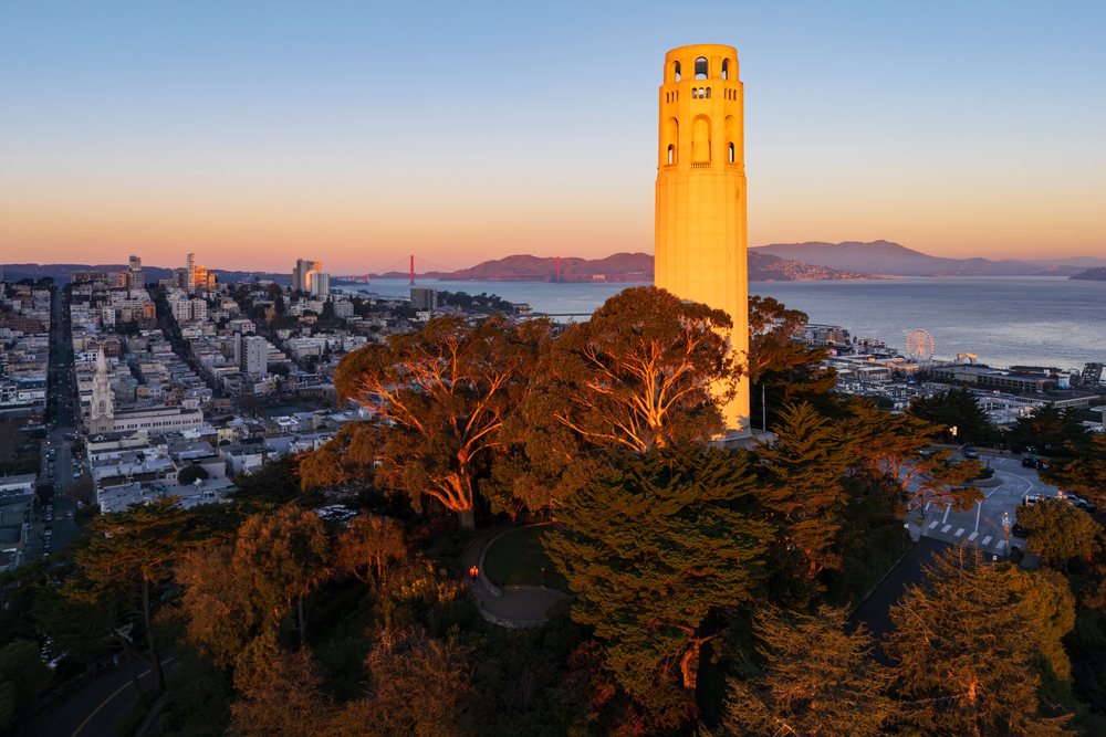 Coit Tower illuminated by sunset light above trees with San Francisco cityscape and Golden Gate Bridge at Pier 7, landscape, city life, California, USA.