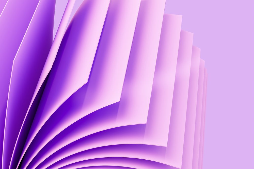 Abstract render of purple and pink layered and curved paper sheets creating a modern artistic design on a smooth gradient background.