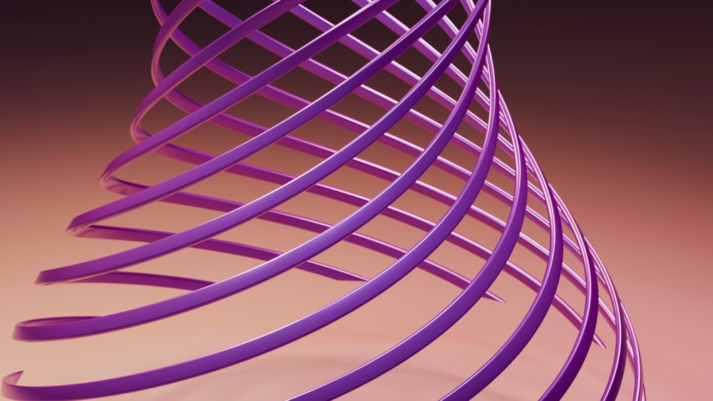 Abstract purple spirals form a smooth, curved geometric digital sculpture on a minimalist beige background.