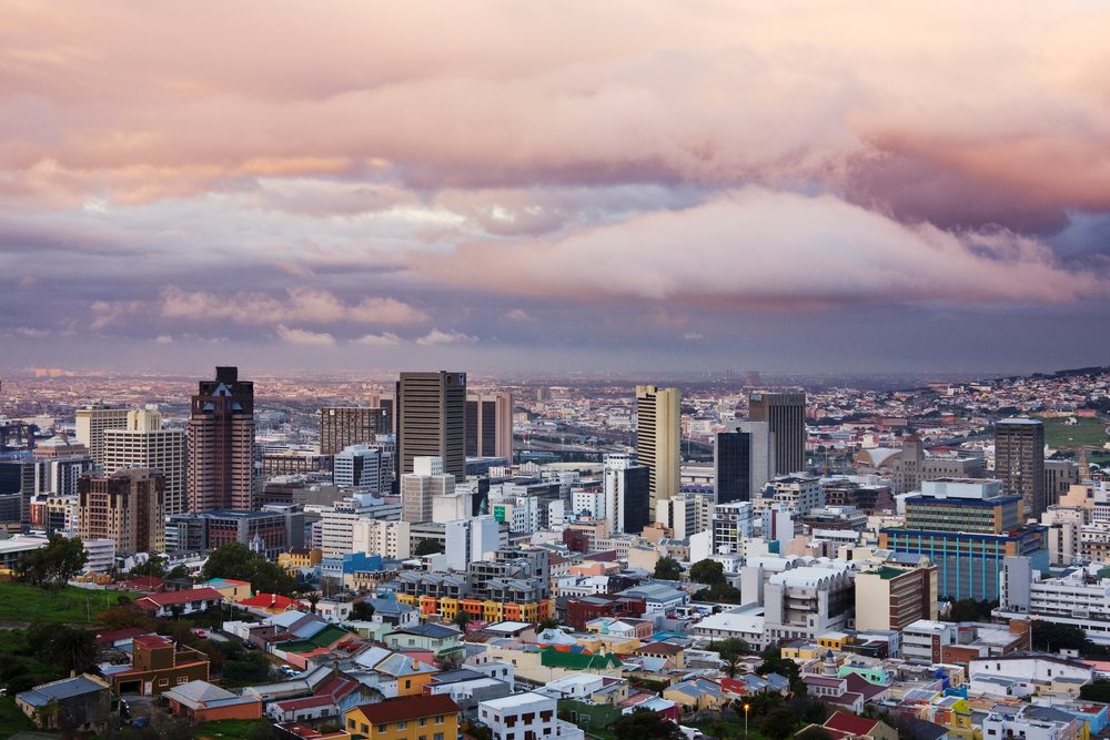 Cityscape of Cape Town showing urban buildings and clouds over, Western Cape, South Africa.