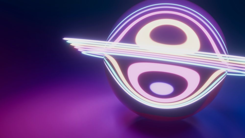 Abstract digital illustration featuring a glowing sphere encircled by neon rings on a purple background.