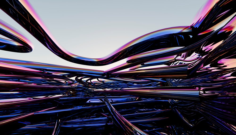 Abstract digital artwork featuring twisting and reflective colorful shapes with smooth surfaces and iridescent highlights.