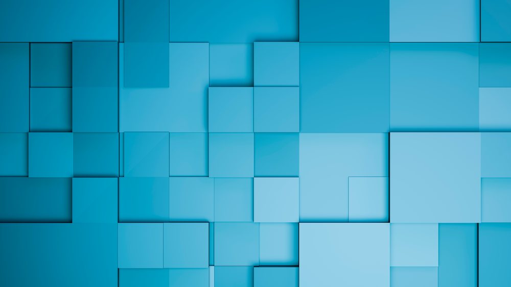 Abstract composition of blue squares and rectangles layered in a geometric pattern with shadows creating a modern three-dimensional effect.