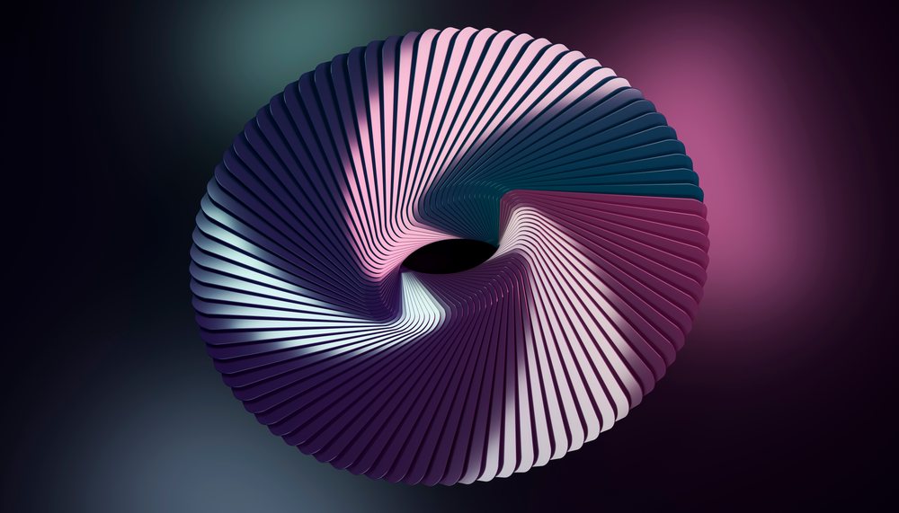 Abstract digital artwork featuring a symmetrical rotating spiral ring with purple, blue, and pink curved lines on a dark background.