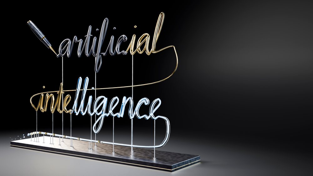 Neon light sign spelling artificial intelligence in metallic colors on a metal stand against a dark background.