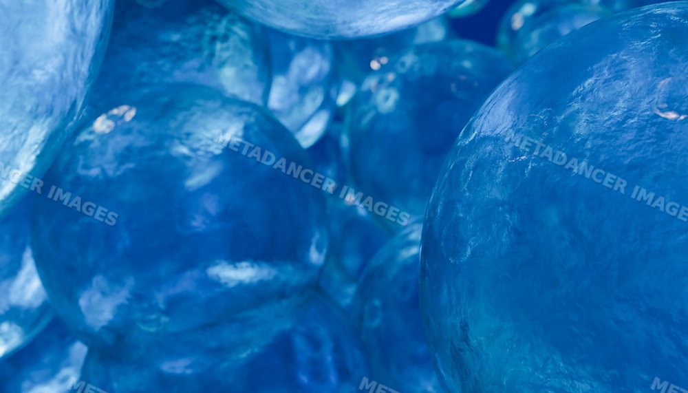 Close-up digital rendering of clustered shiny blue spheres