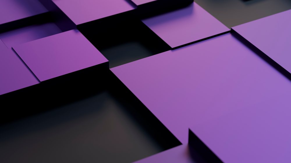 Abstract modern digital illustration of overlapping purple 3D geometric squares with a matte texture.
