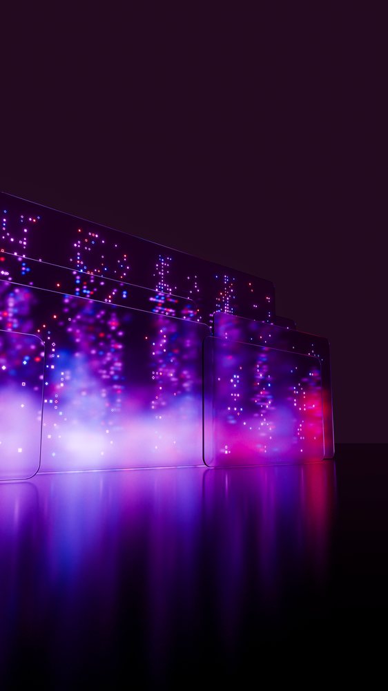 Abstract digital panels with glowing purple, pink, and blue light particles reflecting on a flat surface in a dark setting.
