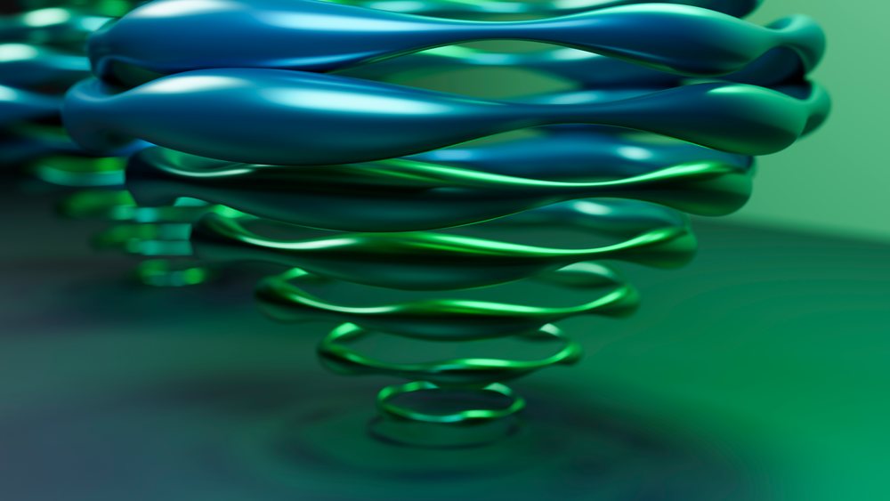 Twisted green and blue metallic rings form concentric 3D loops in a smooth digital illustration.