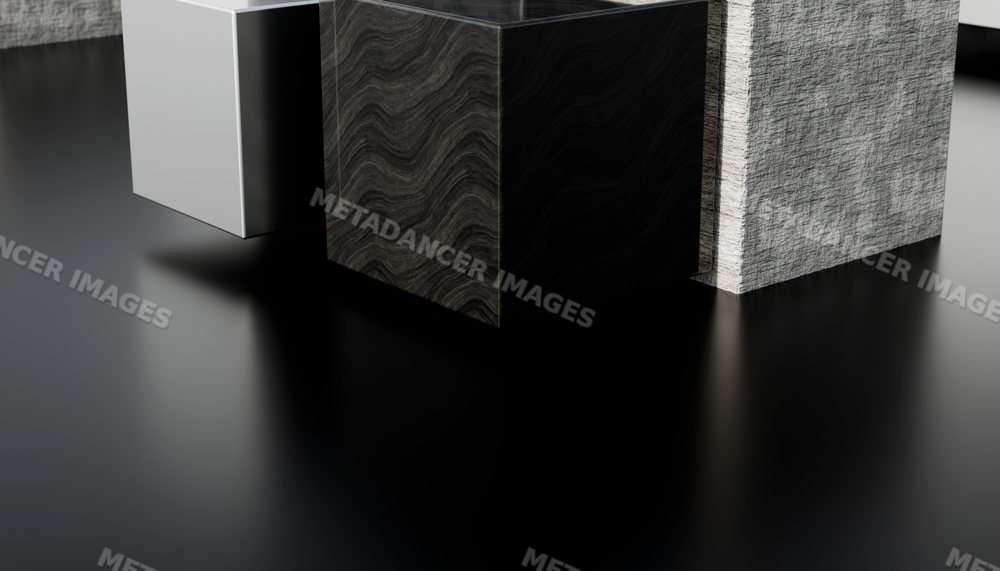 3d rendering of abstract geometric cubes with varied textures on black