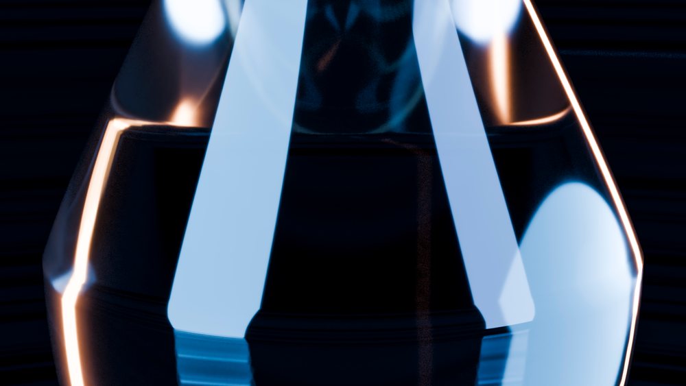 Blue reflections and geometric shapes appear on a glass surface against a dark background in an abstract digital illustration.