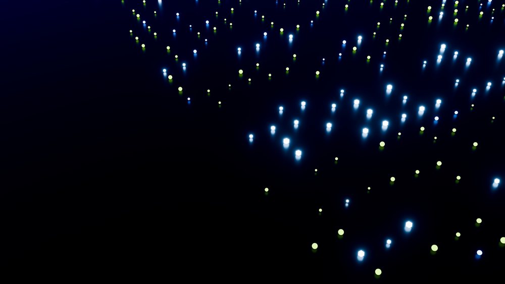 Digital abstract pattern of blue and green glowing dots on a black background.