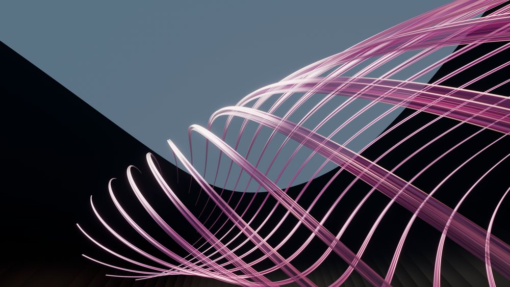 Abstract 3D rendering of twisting pink lines forming a flowing wave pattern against a dark gray background.